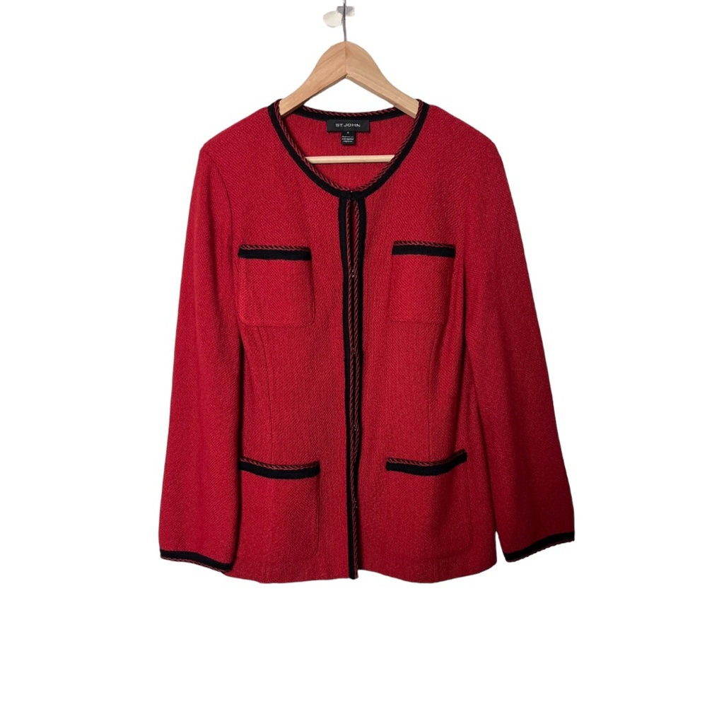 St. John Red Black Wool Blazer Jacket 14 2018